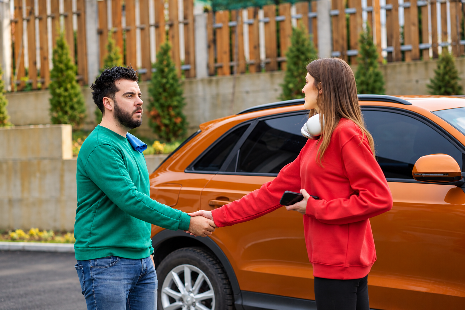 Achat voiture occasion entre particuliers, poignée de main devant une voiture