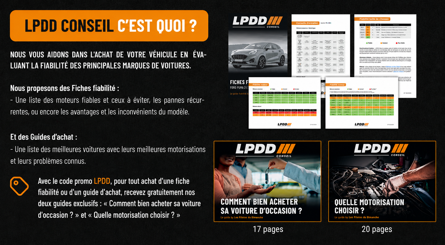 LPDD Conseil c'est quoi ? Fiches fiabilité et guides d'achat auto — 2 guides offerts avec le code LPDD
