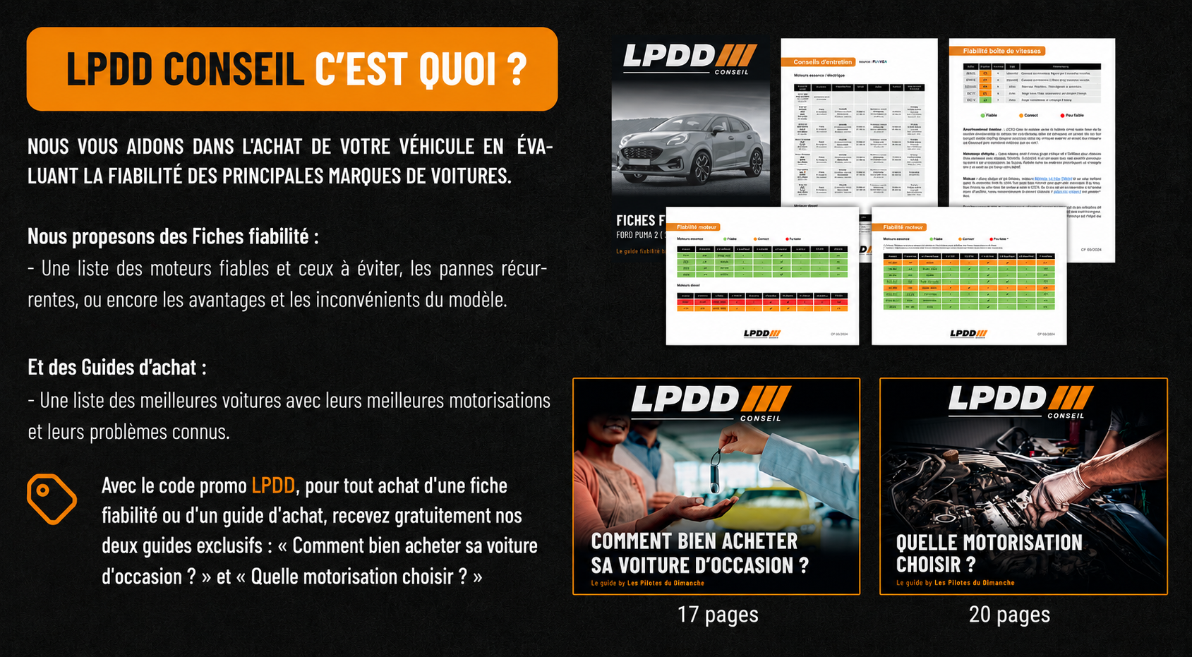 LPDD Conseil c'est quoi ? Fiches fiabilité et guides d'achat auto — 2 guides offerts avec le code LPDD